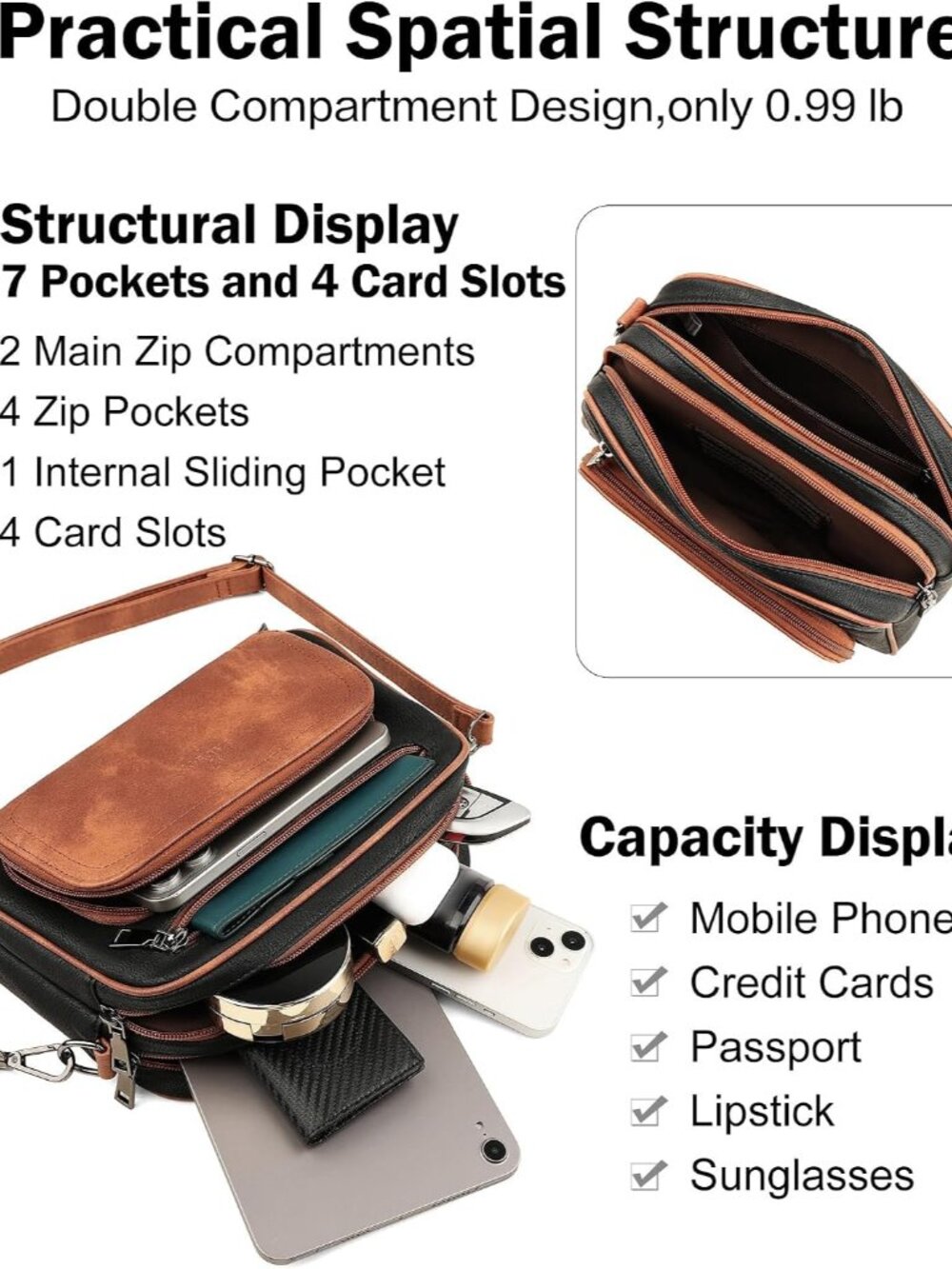 Crossbody Bags for Women Multi-pocket Leather Crossbody Purses, Designer Shoulde - Picture 5 of 9